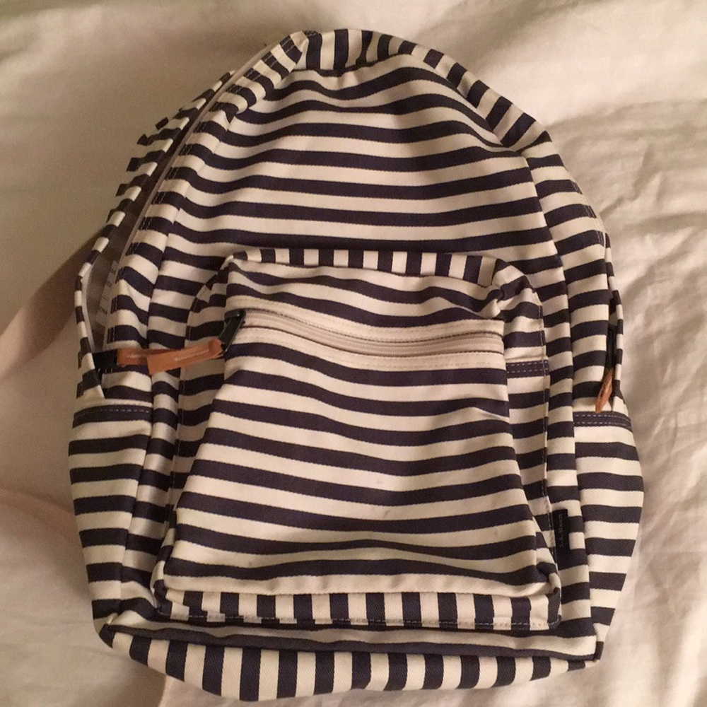 LL Bean blue and white striped backpack